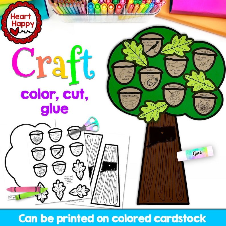 Connecticut State Symbols, Oak Tree, Kids Printable Craft Template, Homeschool, Teachers Resources, Instant PDF Download