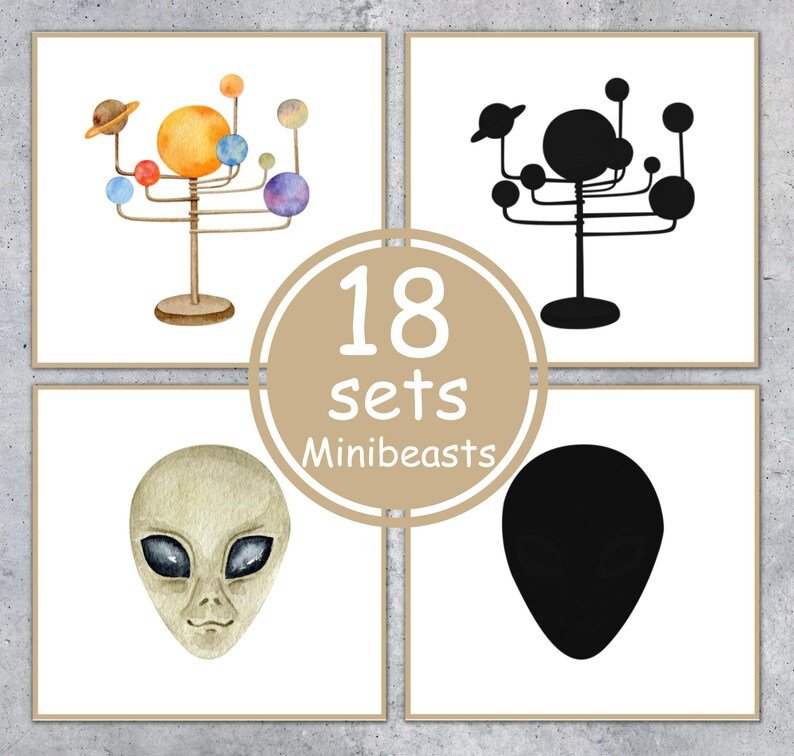 SPACE shadow matching cards. Toddler Montessori printable. Instant Download