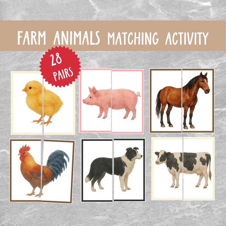 Farm Animal Matching Game: Montessori Toddler Activity (28 Printable Cards) (Instant Download)