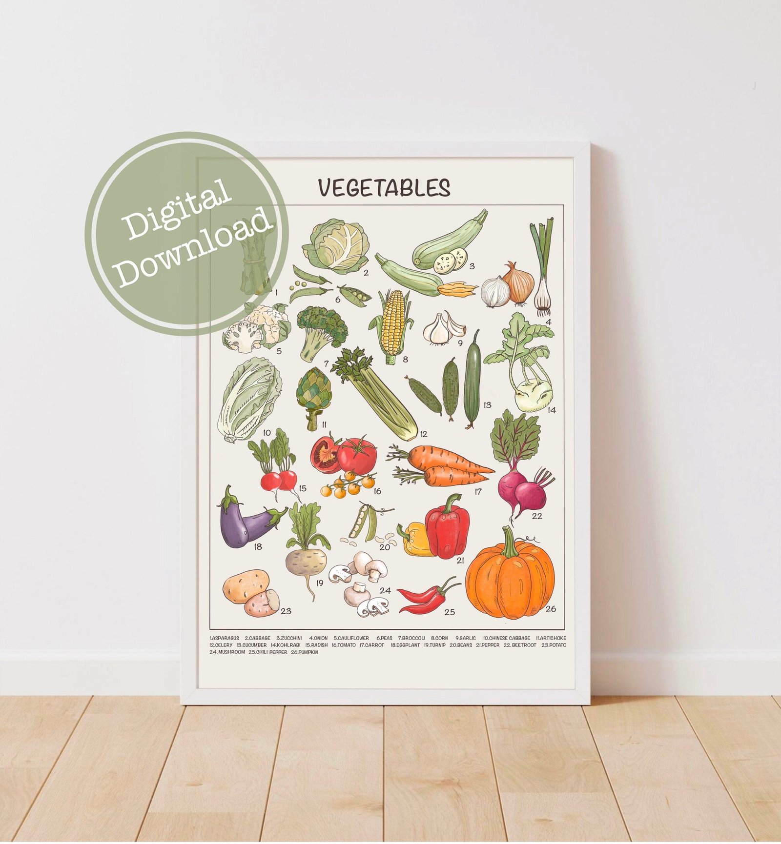 Vegetable Poster Preschool Downloadable Prints, Printable Educational Prints, Homeschool Montessori Materials KItchen Wall Art