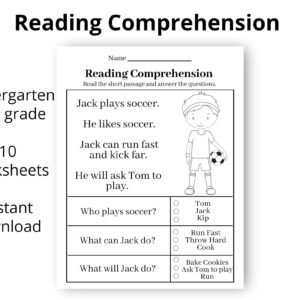 Reading Comprehension - Printable - Worksheet - First grade - Kindergarten - Instant download - Homeschool  - Teacher - Kids - Distance