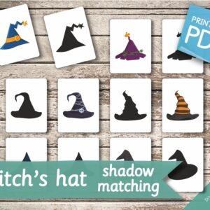 WITCH's HAT Shadow Matching Cards • Halloween • 40 (hats) + 40 (shadows) Montessori Flash Cards Nomenclature Pdf Printable preschool Toys
