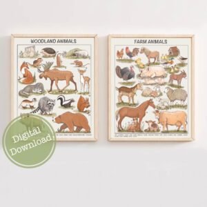 Set of two prints, Educational Posters, Farm and Woodland animals downloadable prints