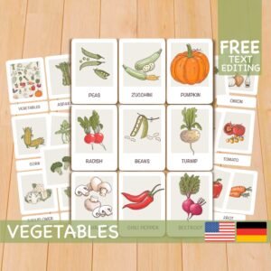 Vegetables flash cards, Homeschool Montessori materials, Preschool printables English German