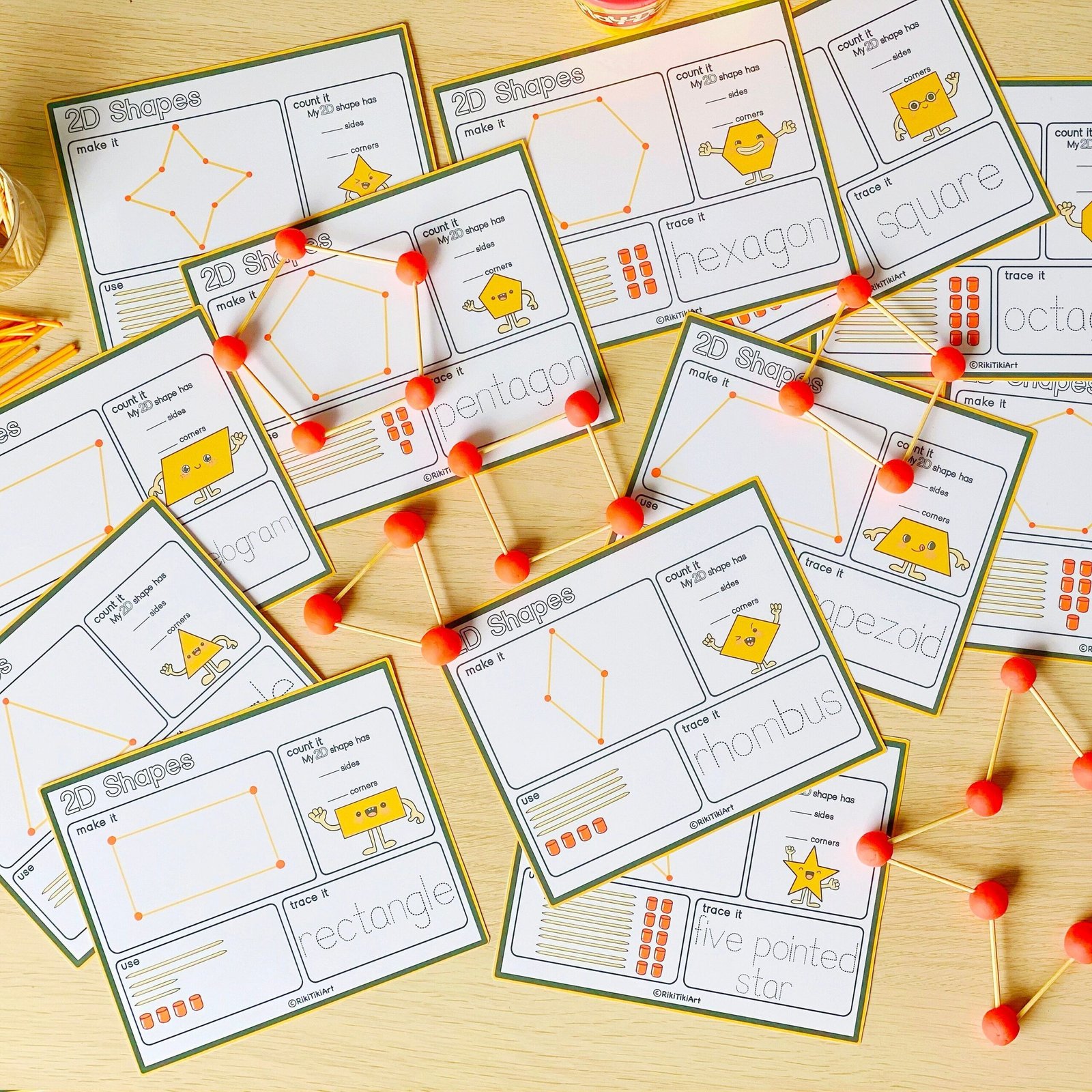 Toothpicks and Play Dough 2D Shapes Visual Cards Toddler Activity Preschool Printables Homeschool Learning Montessori Printable Resources - Image 3