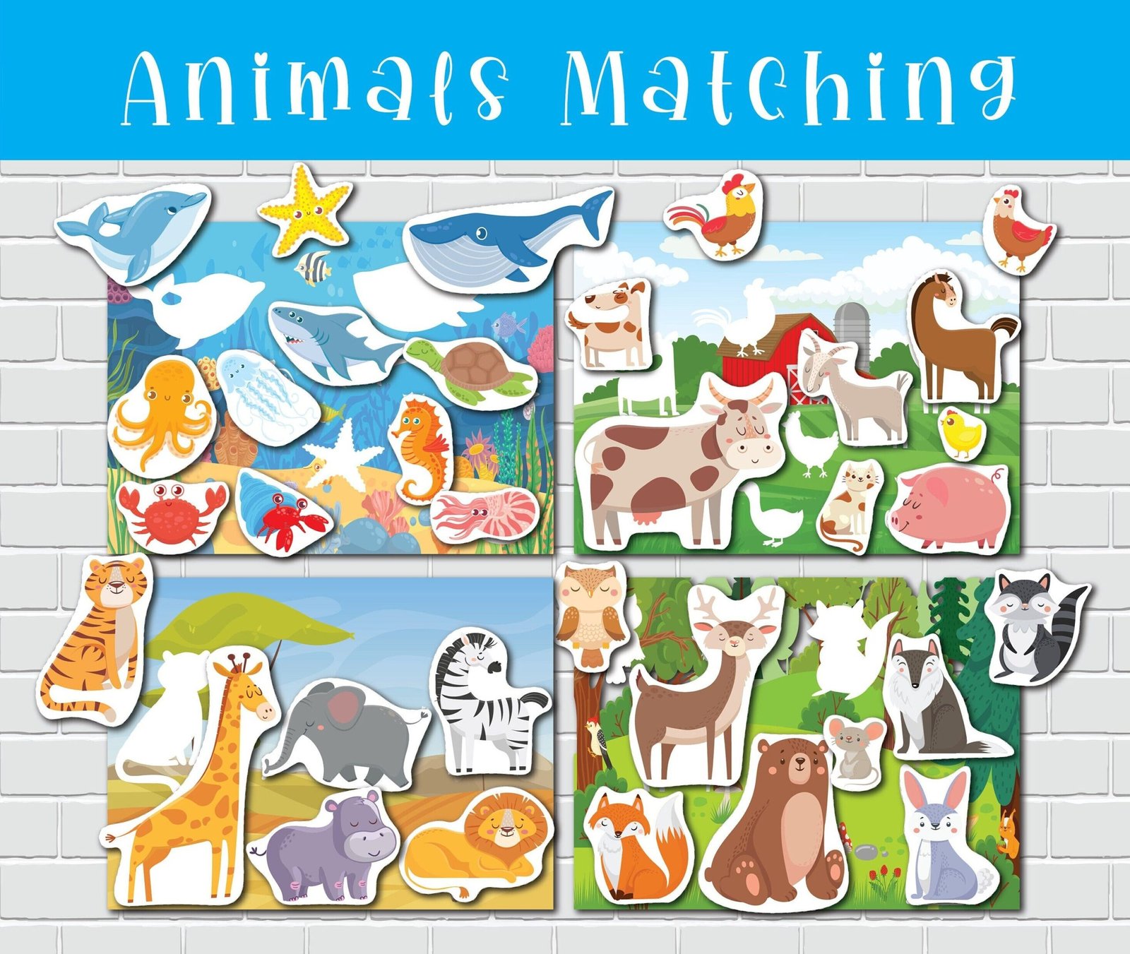 Animals Matching Activity Preschool Worksheets Toddler Busy Book Pages Learning Binder World Animals Quiet Book File Folder Games