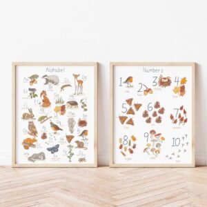 Set of 2 Prints Woodland Alphabet Poster Woodland Numbers Poster Fall Printable Decor Watercolor Playroom Prints Kids Room Montessori Decor