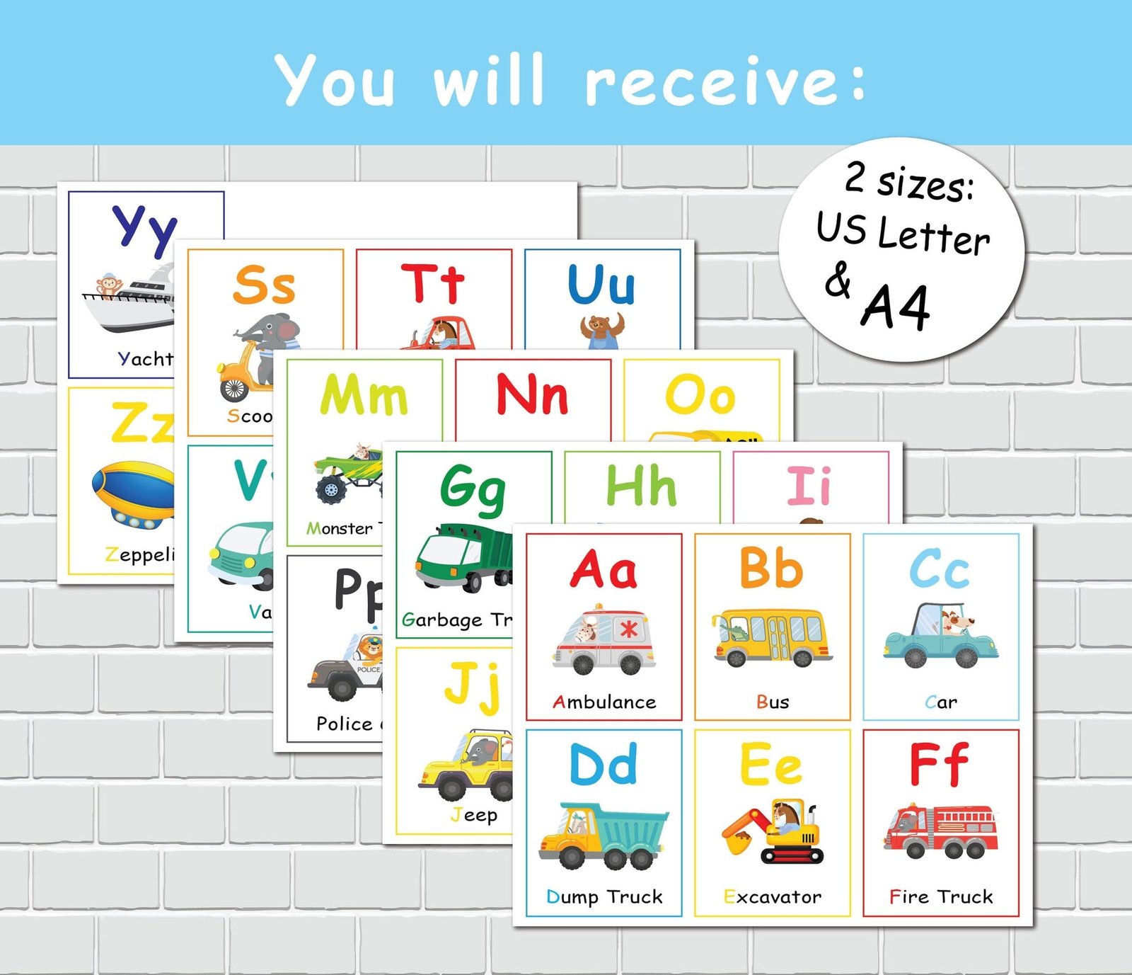Alphabet Flashcards, Transportation Theme, ABC Printable Flash Cards, Homeschool Curriculum, Preschool Learning. - Image 2