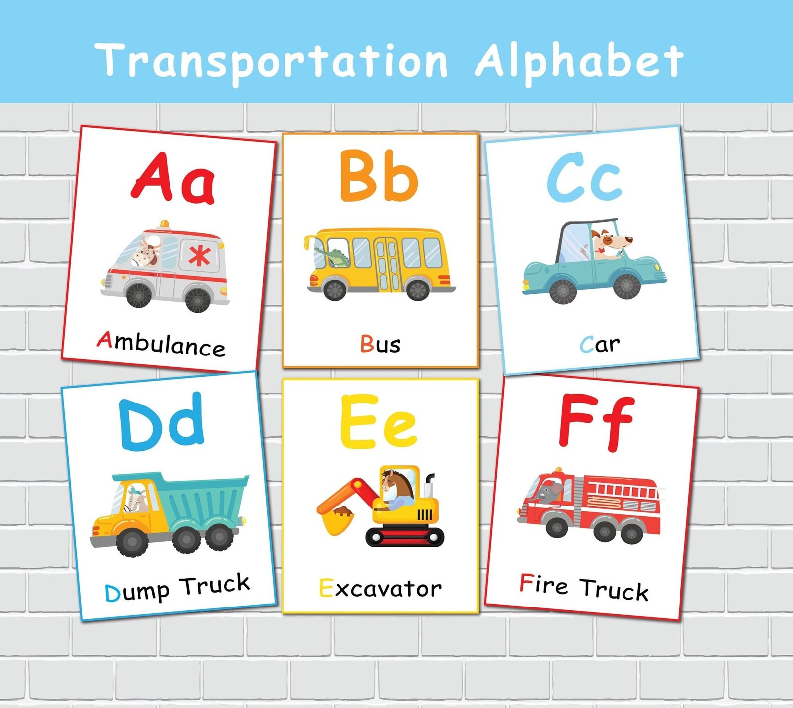 Alphabet Flashcards, Transportation Theme, ABC Printable Flash Cards, Homeschool Curriculum, Preschool Learning.