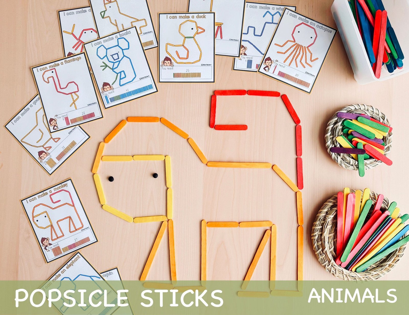 Animals Popsicle Sticks Activity for Toddlers Montessori Printable Learning Resources Fine Motor Skills Summer Activities Popsicle Activity
