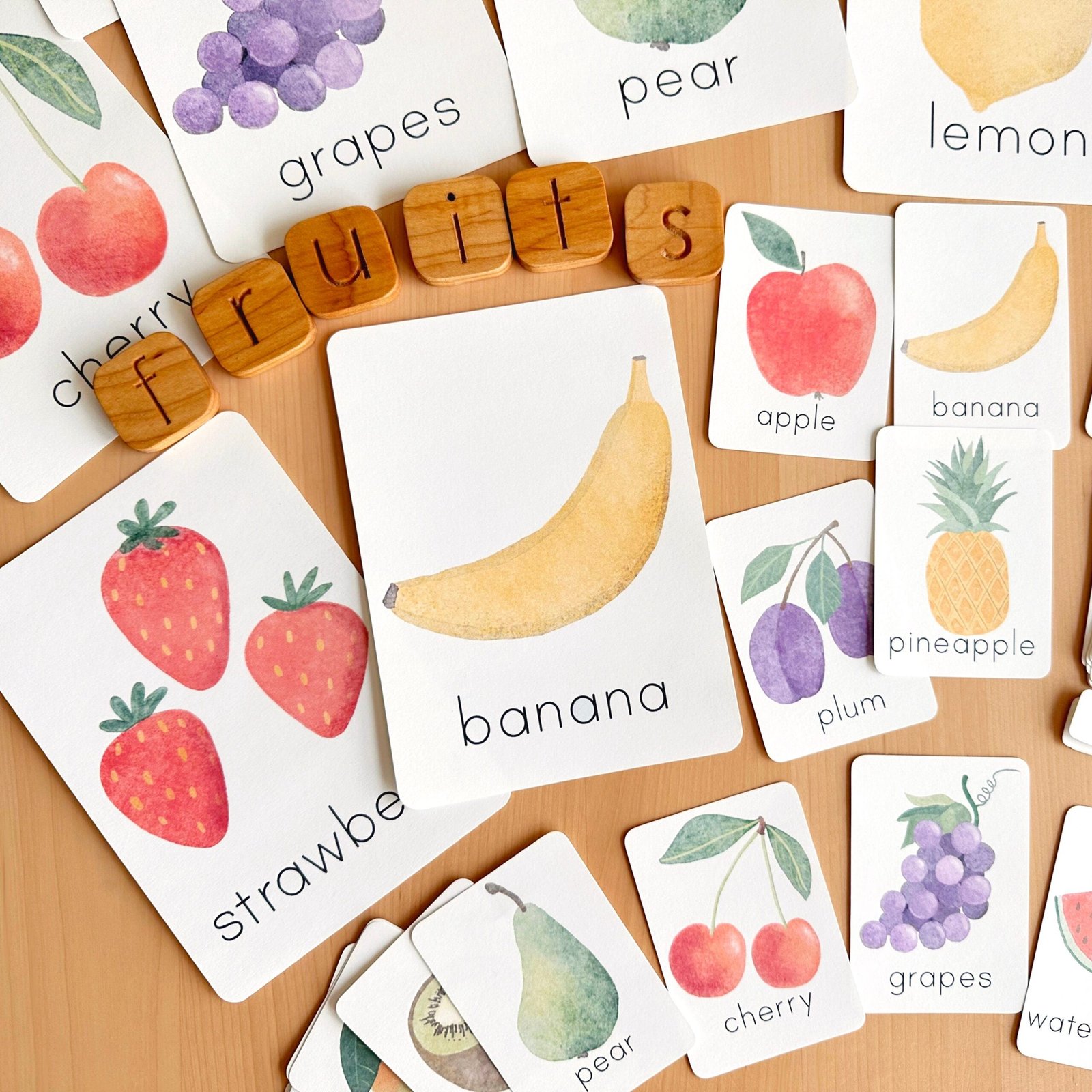 16 Watercolor Fruits Flashcards for Kids Printable Montessori Flash Cards for Toddlers Homeschool Preschool Educational Nomenclature Cards - Image 3