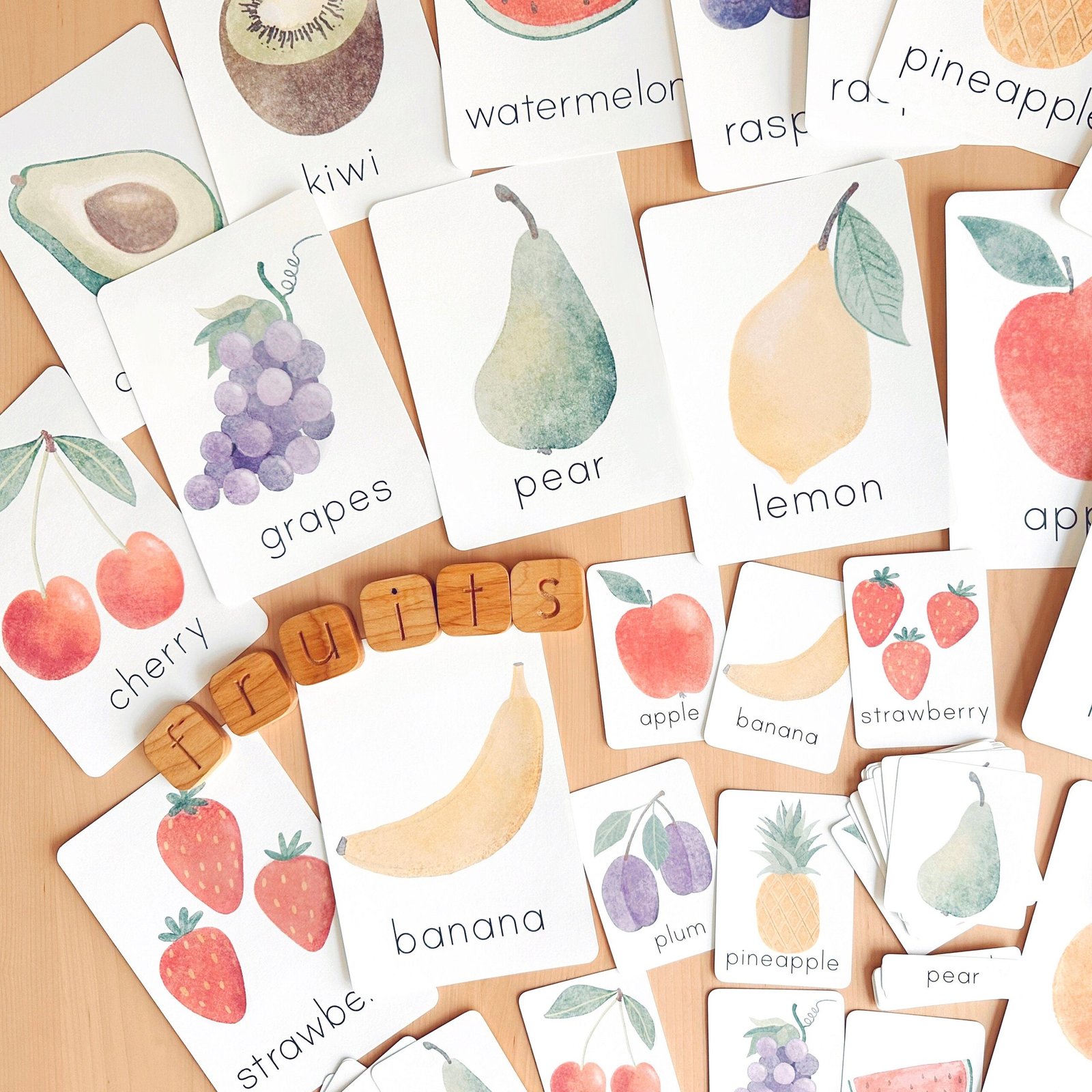 16 Watercolor Fruits Flashcards for Kids Printable Montessori Flash Cards for Toddlers Homeschool Preschool Educational Nomenclature Cards - Image 2