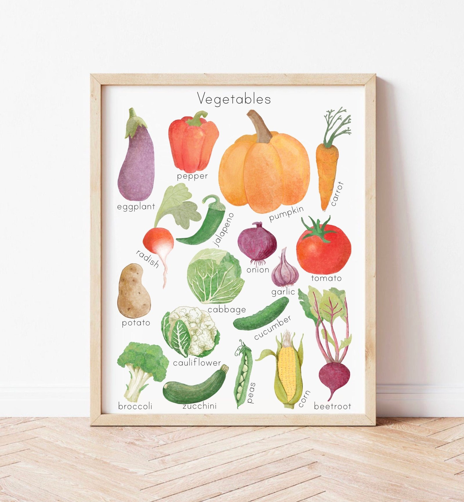 Watercolor Vegetables Poster Homeschool Educational Posters for Toddler Montessori Playroom Wall Art Downloadable Prints Preschool Learning