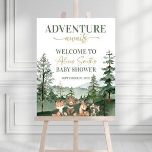 Woodland Baby Shower - Welcome Sign - Editable - Printable - Adventure Awaits - Forest Animals Baby Shower - Rustic Baby Shower