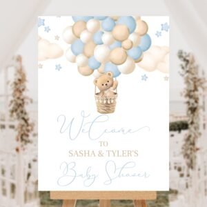 Teddy bear baby shower sign - Editable - Printable - Digital download - Boy baby shower - We can bearly wait - Welcome Sign