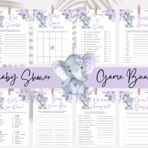 Baby shower games - Printable - Elephant baby shower - Purple - Digital download
