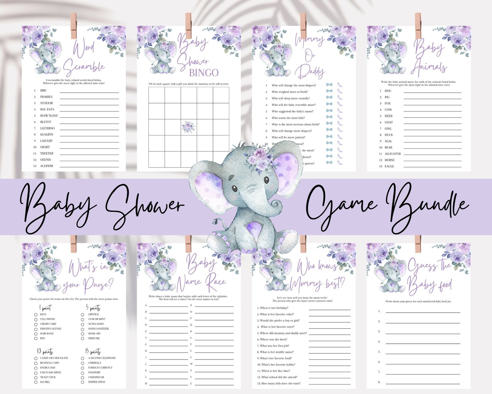 Baby shower games - Printable - Elephant baby shower - Purple - Digital download