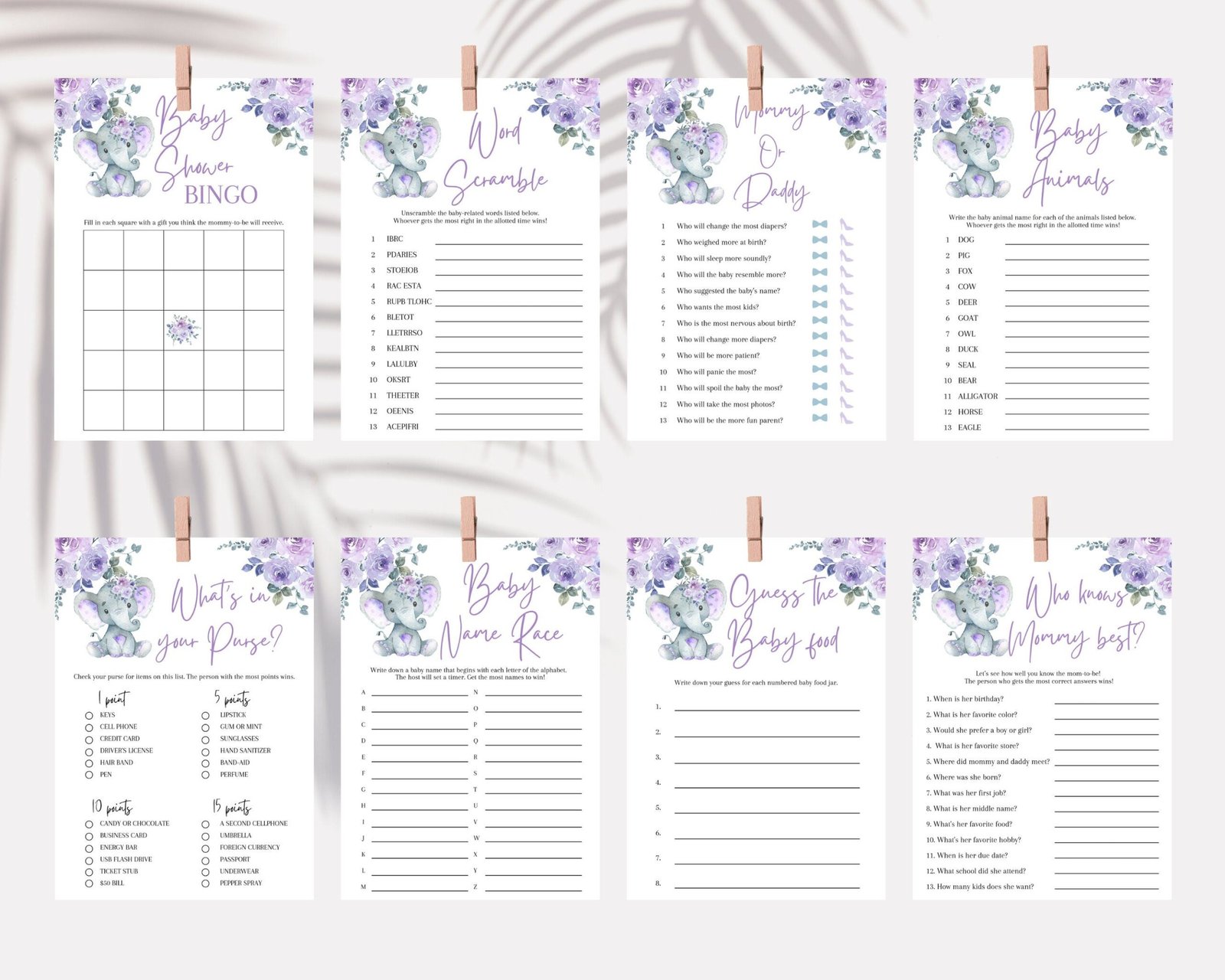 Baby shower games - Printable - Elephant baby shower - Purple - Digital download - Image 4