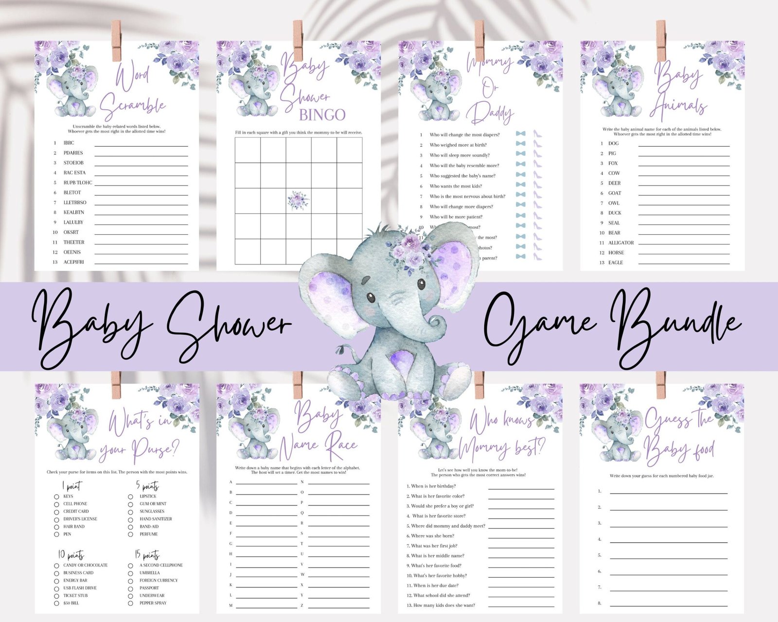 Baby shower games - Printable - Elephant baby shower - Purple - Digital download - Image 5
