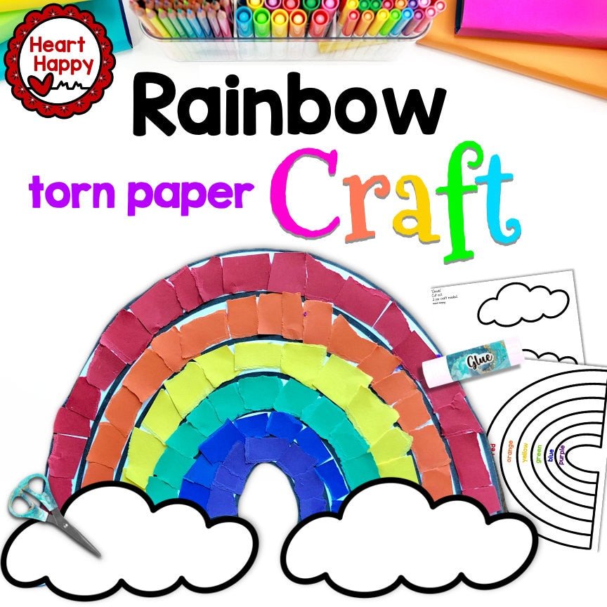 Rainbow Torn Paper Craft, Kids Printable Craft Template, Spring, Weather Craft, Homeschool, Teachers Resources, Instant PDF Download