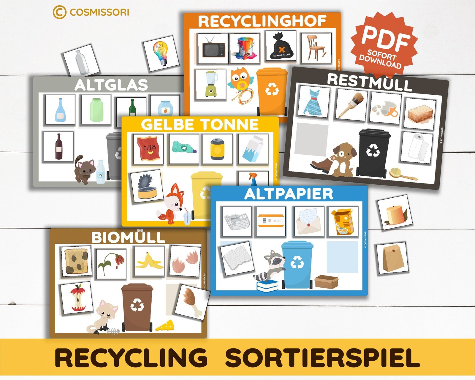 Recycling Waste Separation Learning Game Sorting Game Montessori PDF Printable Template Waste Cycle Picture Cards German Daycare Kindergarten Gift DIY Template