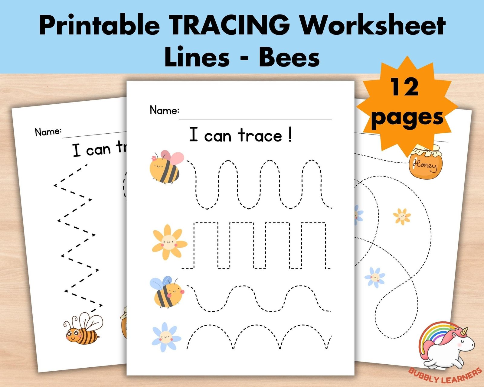 Bees Line Tracing Worksheets, Lines Trace Pages Printable, Homeschool busy book, Preschool Pre Handwriting, Kindergarten Curriculum Learning