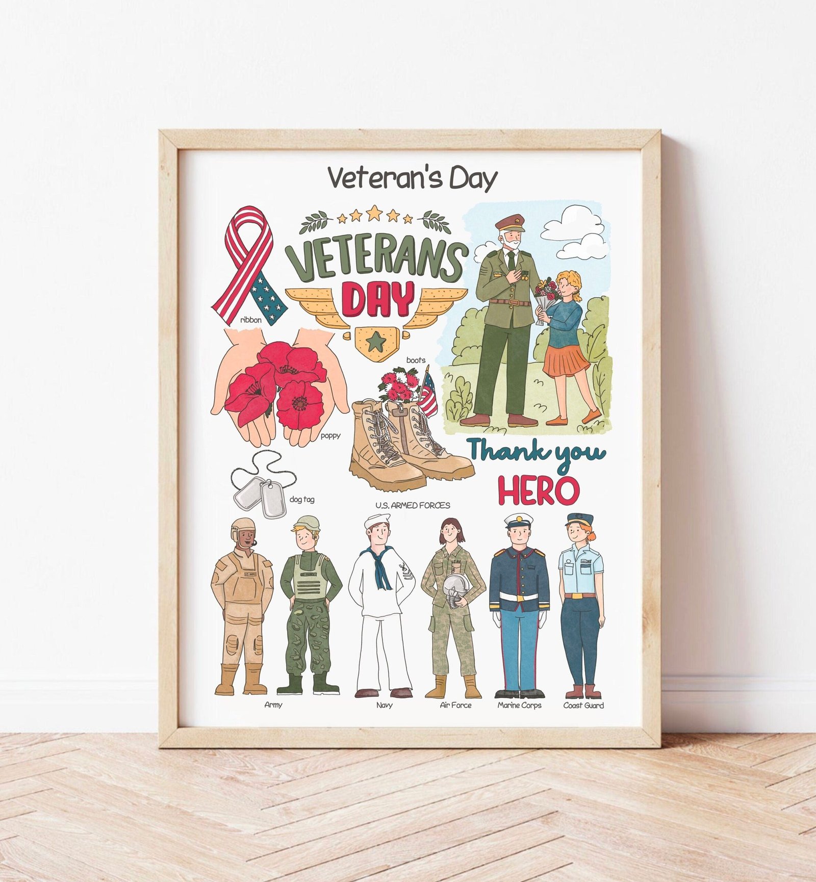 Veterans Day Poster Educational Classroom Decor Downloadable Prints Printable Preschool Learning Materials Watercolor Homeschool Wall Art