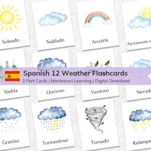 Spanish Weather Flashcards: Montessori Watercolor Cards for Kids (Digital Download)