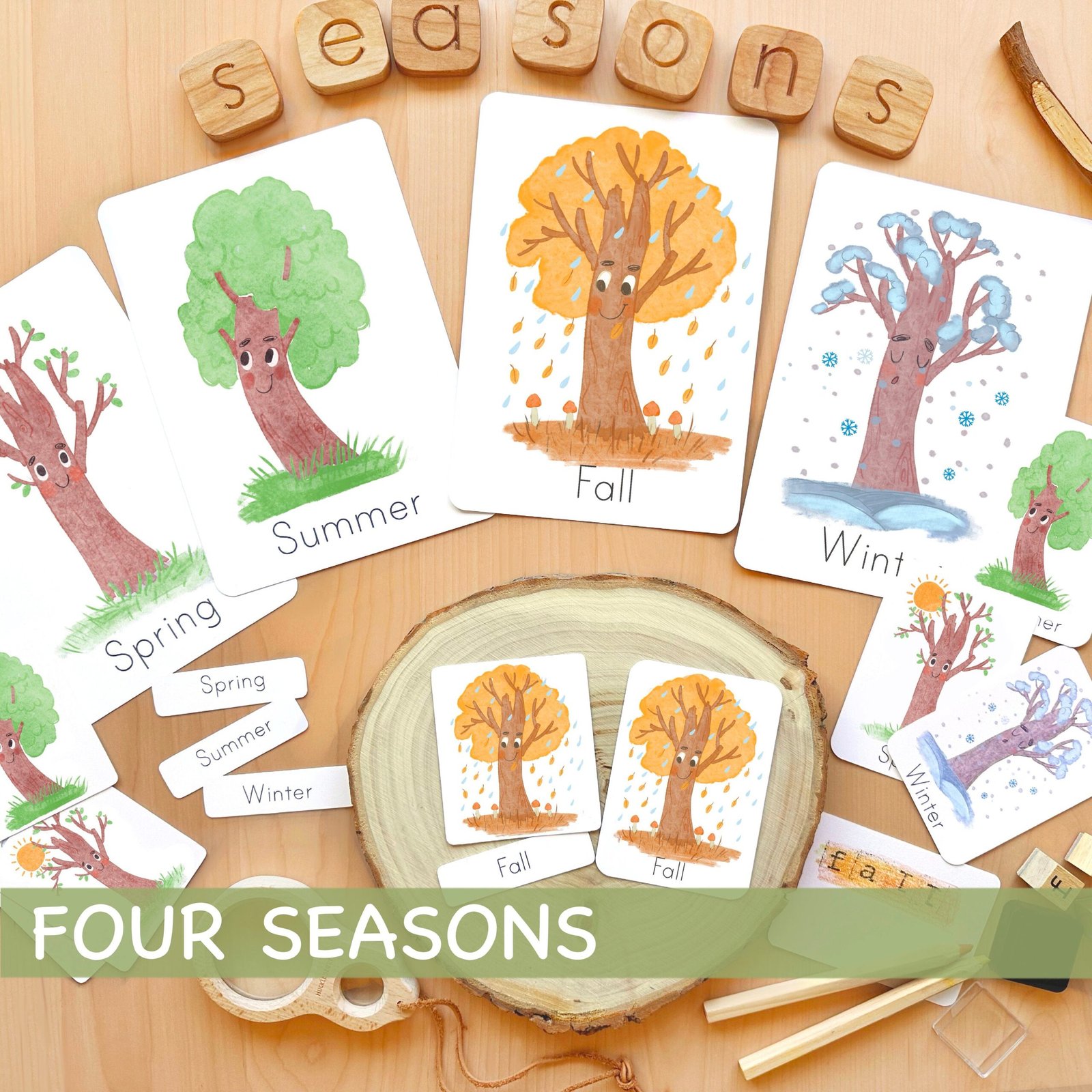 Seasons Flash Cards Montessori Educational Materials Homeschool Printable Watercolor Flashcards Nature Study Toddler Flash Cards