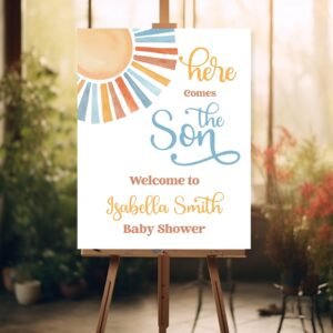 Sun Welcome Sign - Editable - Printable - Boho - Retro - Here comes the Son - Baby Shower
