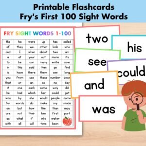 100 Printable Fry's First Hundred Sight Word Flashcards, Kindergarten-1st Grade Sight Words, High Frequency Word Flashcards, Grade 1,Phonics