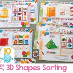 3D Shapes Sorting Activities Printable, Matching Game, Toddler Busy Book, Learning Binder, Preschool Math