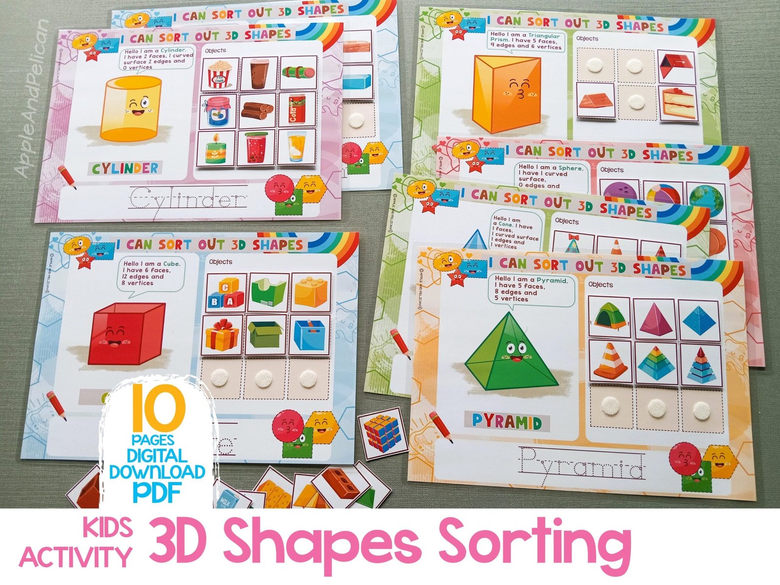 3D Shapes Sorting Activities Printable, Matching Game, Toddler Busy Book, Learning Binder, Preschool Math