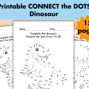 Dot to Dot Connect the dots dinosaur pages, printable preschool worksheet for kid, homeschool busy book curriculum learning, Dinosaur party