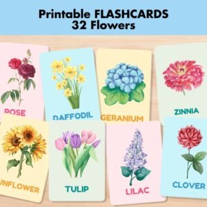 32 Flowers Flashcards, Flower Vocabulary Nature Cards, Printable Montessori Flash Cards, Pre-School Floral Activity, Learn Nature Watercolor
