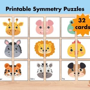 32 Animals Matching Game For Kids, Symmetry Puzzle, Match Picture Card, Farm Safari Zoo, Printable Toddler Preschool Montessori Flashcards