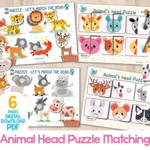 Animal Head Matching Puzzle Activity for Toddler, Printable Learning Binder, Busy Book Page