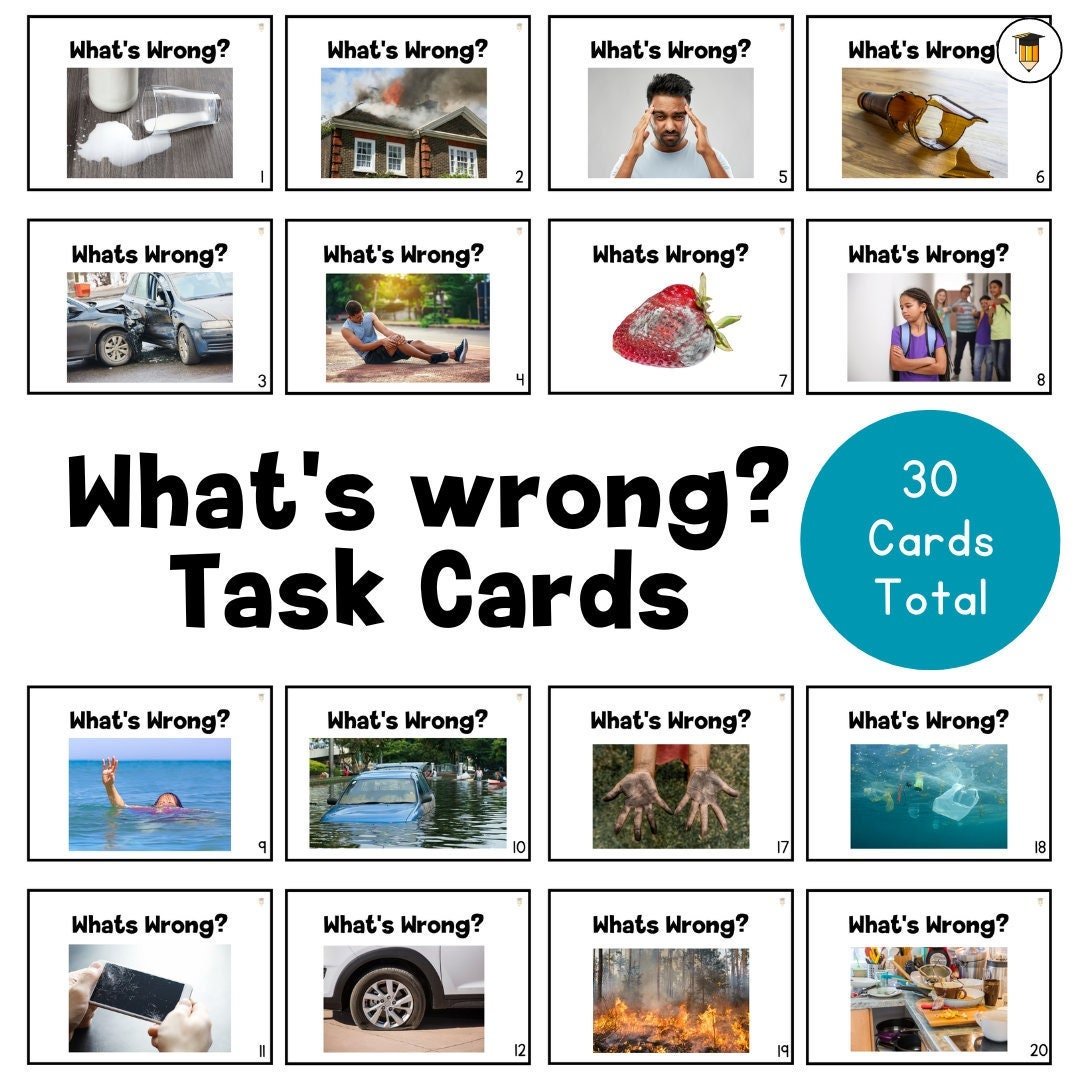 What's Wrong | WH Questions | Functions Task Cards | Which One | Speech Therapy | ABA | Category | Autism | Flashcards for Kids | ESL