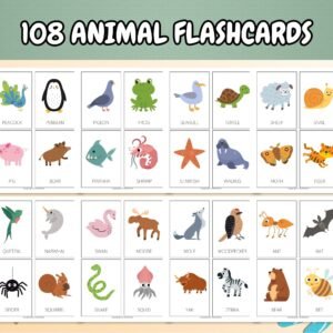 108 Animal Flashcards for kids; Kids Learning Flash Cards; Preschool Learning Worksheets; Montessori Flashcards; Printable Flashcards