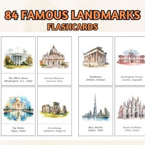 84 World Famous Landmark Flashcards; Landmarks Flashcards; Printable Flashcard; Geography Flashcard; Monument Flashcard; Flashcards for Kids