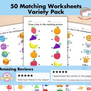 50 Printable Matching Worksheets, Match the Picture, Kindergarten Preschool Activity, Busybook, Educational Pages, Teaching resources