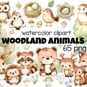Watercolor Woodland Animals Clip Art – Printable Forest Creatures PNG for Crafts & Scrapbooking