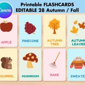 Canva EDITABLE 28 Autumn Flashcards, Fall Vocabulary Nature Card, Printable Montessori Flash Card,Pre-School Autumn Activity, Back to School