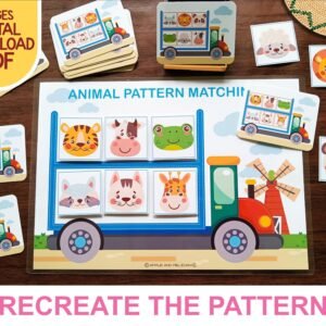 Animal Pattern Puzzle Matching Activity Game Printable, Toddler Learning Binder, Montessori Preschool Materials