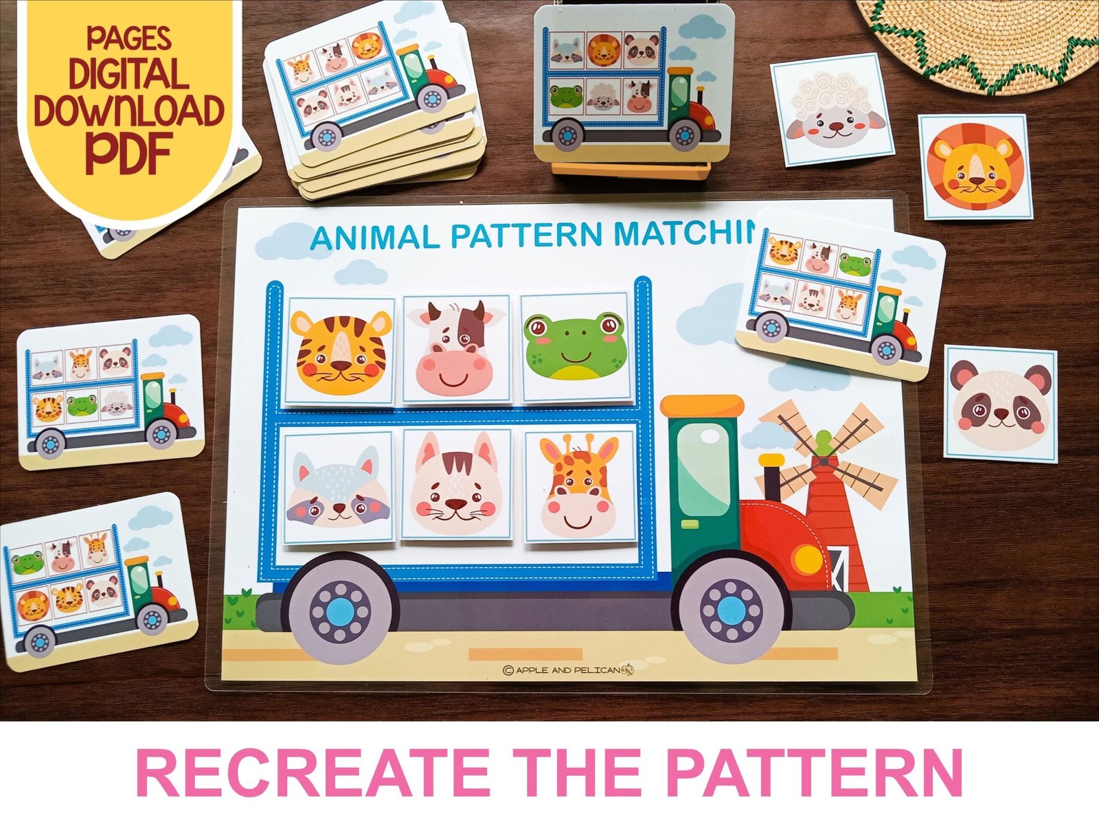 Animal Pattern Puzzle Matching Activity Game Printable, Toddler Learning Binder, Montessori Preschool Materials