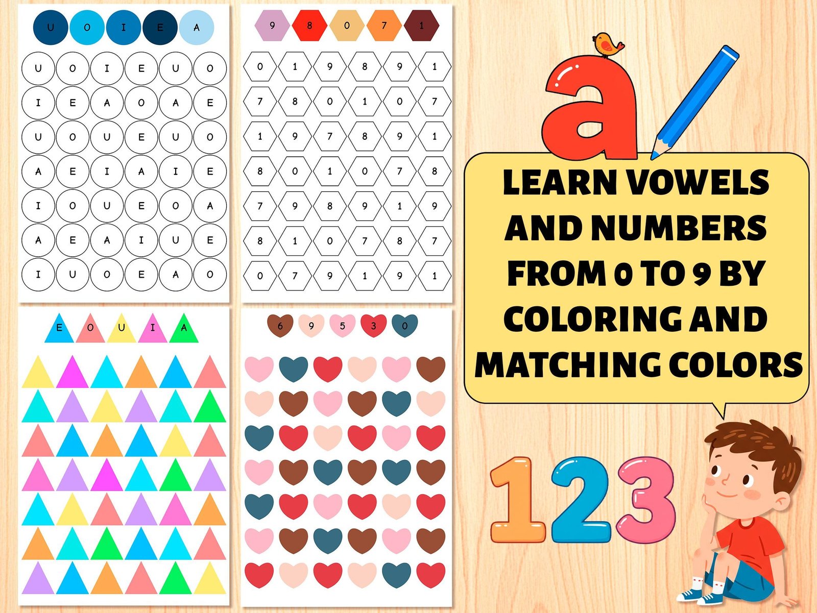 Color Matching Printable Preschool Worksheets Vowels Numbers 0-9 Bundle No Prep Fine Motor Activities Kindergarten Homeschool - Image 4