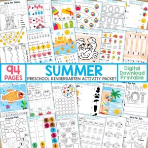 Summer Preschool Kindergarten Activity Packet, Summer Kids Activity, Homeschool Printable, Preschool Kindergarten Summer Worksheet