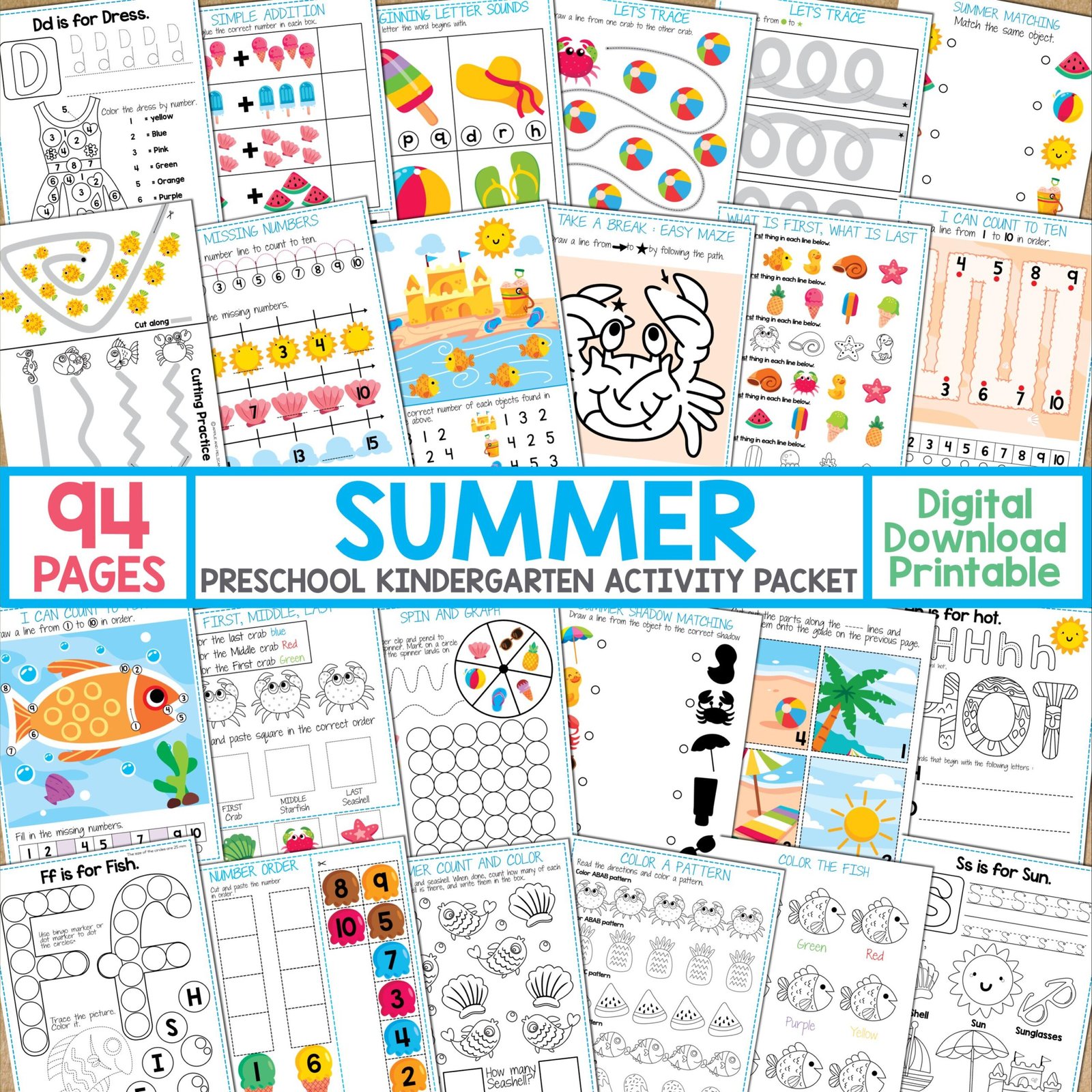 Summer Preschool Kindergarten Activity Packet, Summer Kids Activity, Homeschool Printable, Preschool Kindergarten Summer Worksheet