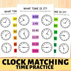 Clock Matching Time Practice: Kindergarten Grade 1 Worksheet (Digital Download)