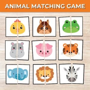 Animal Face Matching Game: Symmetry Cards, Montessori Learning (PDF)